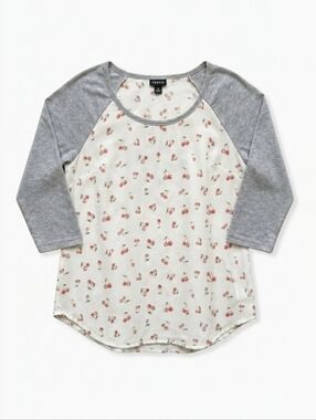 Torrid Cherry Print Raglan Baseball Top White Grey Mixed Media Blouse